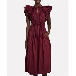 Ulla Johnson Wine Ruffled-Sleeve Tiered Midi Dress